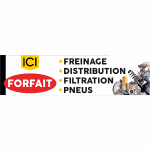 Banderole publicitaire ICI FORFAIT FREINS, DISTRIBUTION, FILTRATION, PNEUS