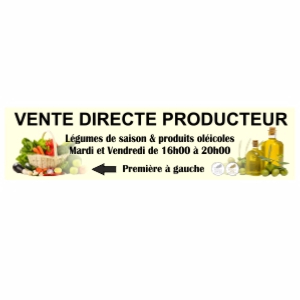 Banderole VENTE DIRECTE / PRODUCTEUR AVEC PHOTOS + impression  numérique + oeillets ts les 50 cm